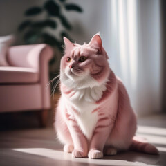 Fat pink cat in domestic interior