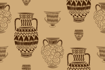 Ethnic pattern Greek vase meander motifs. Ancient pattern design seamless vector illustration on brown background. Hand drawn. 