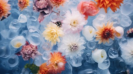 Cold Beauty Cryotherapy salon background. Many frozen red roses flower in ice background. Frozen fresh beautiful rose flower in the ice. Thawing flower. Frozen Floral background. - obrazy, fototapety, plakaty