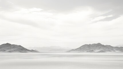  a black and white photo of mountains and a body of water in the middle of a plain with low lying snow on the ground and a cloudy sky in the background.
