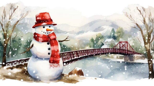  a watercolor painting of a snowman with a red hat and scarf standing in front of a bridge with a red bridge in the background and snow on the ground.