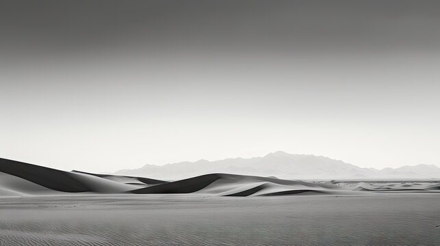  a black and white photo of a desert with sand dunes and mountains in the distance with dark clouds in the sky and a lone lone tree in the foreground. © Shanti