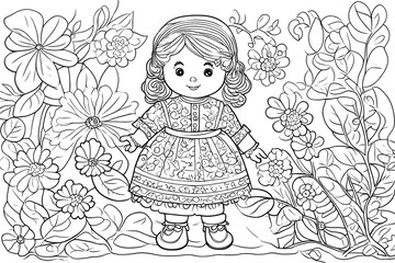 outlines of one doll for kids to colour with white background