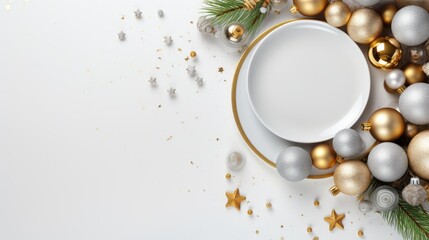 Obraz na płótnie Canvas a white plate sitting on top of a table covered in gold and silver baubles and christmas decorations on top of a white table with gold and silver stars.