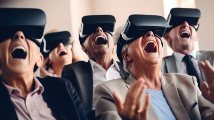 A Group of Seniors Wearing Virtual reality headset participating in a exercise class.healthy aging through the technology