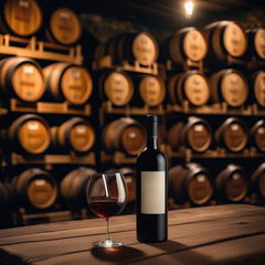 Porto wine bottle against a wine cellar