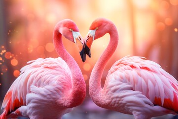 Couple pink flamingos birds in love with bokeh background, Valentine's day background concept.
