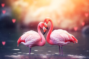 Couple pink flamingos birds in love with bokeh background, Valentine's day background concept.
