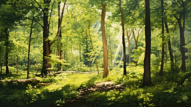  a painting of a lush green forest with sun shining through the trees and the sun shining through the trees on the right side of the painting is a path to the left.