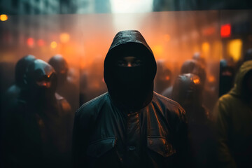 Crowd of people in black balaclava protesting in night city. Protest, uprising, march or strike in city street. Suppression of protest by police officers with shields. Anonymous activists - obrazy, fototapety, plakaty