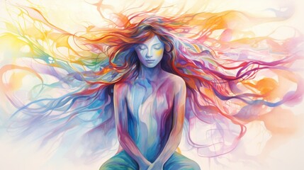 Mind-Body Connection. Synchronized mind and body have primary benefits to life. Watercolor Woman with energy flow waves. Harmonious Blend of Mind and Body