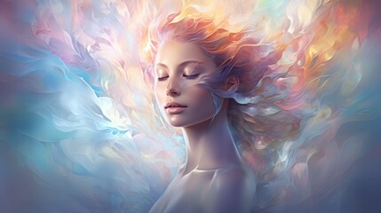 Mind-Body Connection. Synchronized mind and body have primary benefits to life. Woman face with energy flow waves. Harmonious Blend of Mind and Body