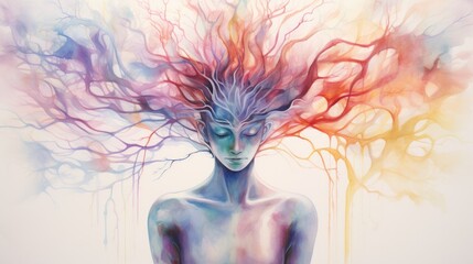 Mind-Body Connection. Synchronized mind and body have primary benefits to life. Watercolor Woman with energy flow waves. Harmonious Blend of Mind and Body - obrazy, fototapety, plakaty