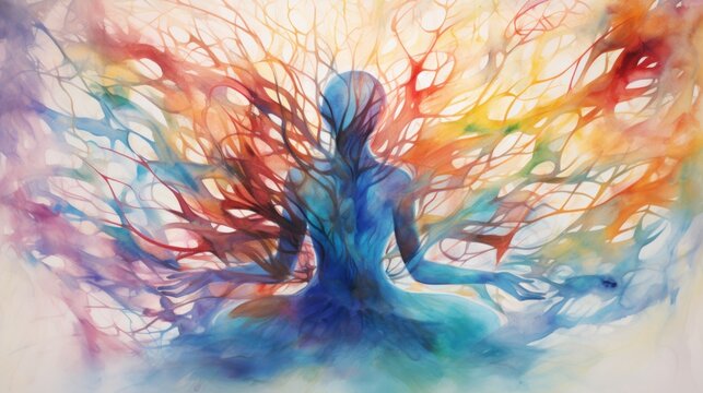 Mind-Body Connection. Synchronized mind and body have primary benefits to life. Watercolor Woman with energy flow waves. Harmonious Blend of Mind and Body