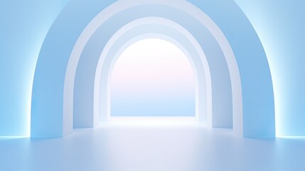 Sleek product display stage with blue sunburst archway backdrop.