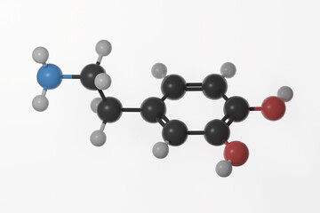 Ball and stick model of dopamine molecule with double bonds shown, against a white background.