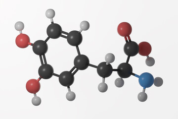 Ball and stick model of levopoda molecule with double bonds shown, against a white background.