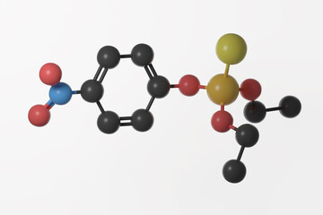 Ball and stick model of parathion molecule with double bonds shown, against a white background