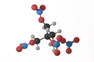 Ball and stick model of pentaerythritol tetranitrate (PETN) molecule with double bonds shown, against a white background.