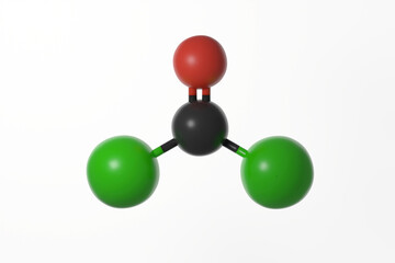 Ball and stick model of phosgene molecule with double bonds shown, against a white background