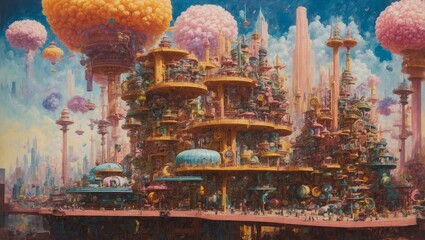 A captivating artwork depicting a futuristic city, embellished with an array of sizable balloons, adding a touch of wonder