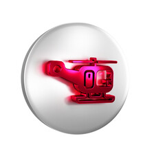 Red Rescue helicopter aircraft vehicle icon isolated on transparent background. Silver circle button.