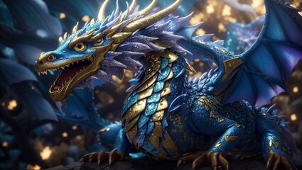Majestic blue dragon in a mythical land of fantasy.