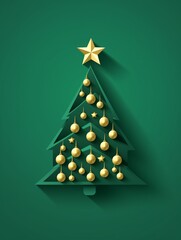 A cool minimalist green and gold christmas tree, triangle shape on green background with shadow, original decorative element, Xmas season spirit illustration made using AI Generative