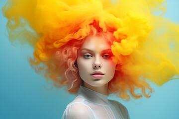 oung woman surrounded by a yellow red cloud of smoke on isolated pastel blue background. Abstract fashion concept. Close-up portrait of top model