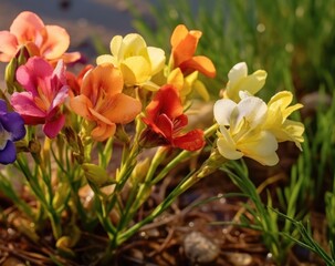 Beautiful Freesia Flowers. Spring Flowers. Freesia. Springtime Concept. Mothers Day Concept with a Copy Space. Valentine's Day.