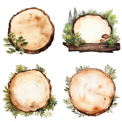 watercolor wood slice ornament set. Hand drawn isolated on transparent background.