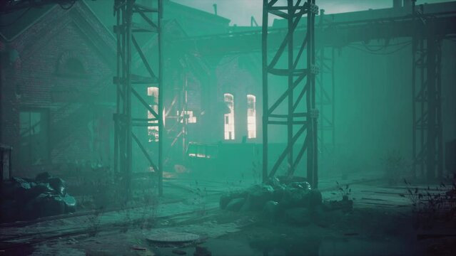 Foggy industrial urban street city night scenery