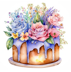 Tort udekorowany kwiatami ilustracja - obrazy, fototapety, plakaty