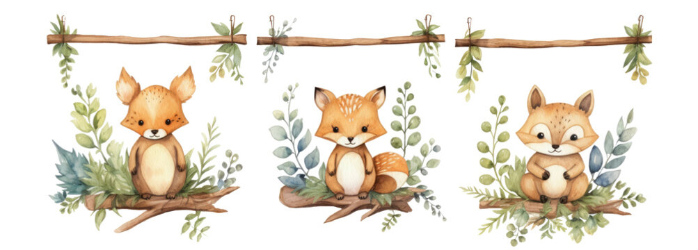 Woodland Forest Animals clipart. Cute little fox, rabbit, bear, hedgehog, owl, bear, deer, mushroom, flowers, twigs, grass and butterfly. Watercolor illustration