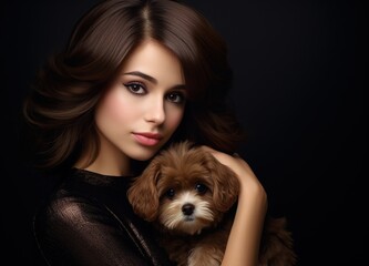 Young beautiful woman with executive makeup holding a dog