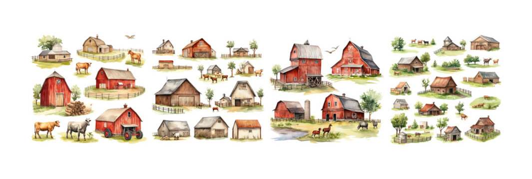 watercolor farm ornament set. Hand drawn isolated on transparent background.