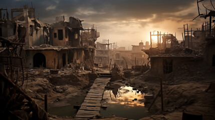 Stadt verwüstet durch Krieg, Konflikt, Schlacht, Verwüstung, Ruine, Zerstörung, Flüchtling - obrazy, fototapety, plakaty