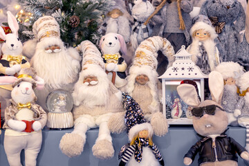 Fairytale Nordic Christmas characters on store counter. Dwarves, elves, rabbits