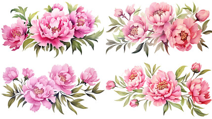 Obraz premium Watercolor pink flowers ornament set. Hand drawn isolated on transparent background.