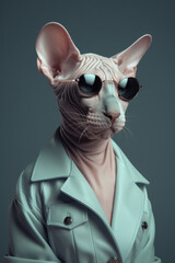 A cat wearing sunglasses, portrait of a funny sphynx cat