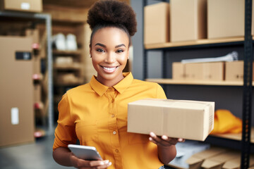 African american woman holding box and using smart phone in the warehouse. - obrazy, fototapety, plakaty