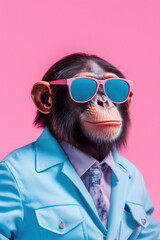 Portrait of funny chimpanzee dressed in suit, wearing sunglasses on pink background