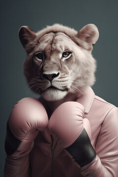 Portrait of lion wearing pastel colors boxing suit and gloves