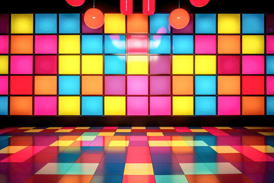 Fluorescent colorful disco room with light beams. Background image | disco background for the screen.