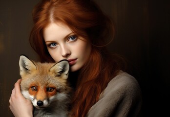 Young beautiful woman with executive make-up holding a fox
