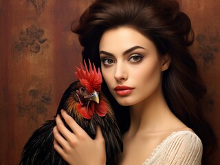 A young beautiful woman with exquisite makeup is holding a rooster