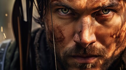 archer in the middle of a precise shot, concentration in their eyes generative ai