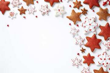 Christmas background with golden baubles, stars and confetti on white