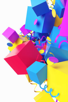 Close-up of abstract holiday confetti with cube shape on white background. 3d rendering illustration