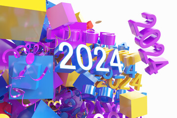 Close-up of festive Christmas confetti with 2024 text and cube shape on a white background. 3d rendering illustration